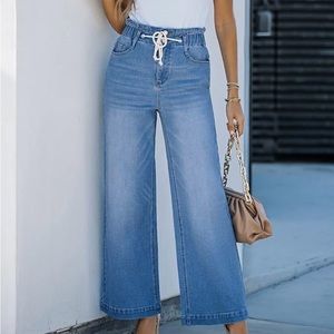 High waisted paper bag drawstring wide leg jeans dark wash slightly distressed